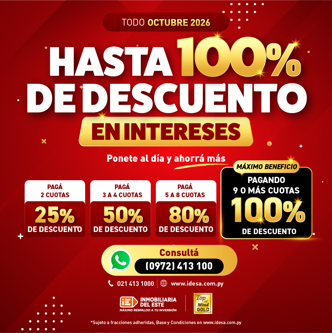 Ponete al día con Inmobiliaria del Este. En octubre de 2026, accedé a hasta 100% de descuento en intereses de cuotas atrasadas. Consultá las condiciones.